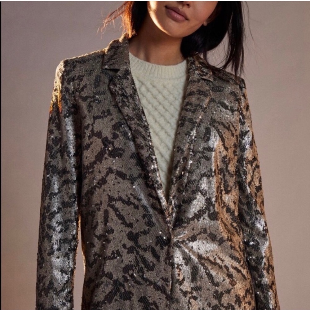Anthropologie black and gold sequin blazer coat